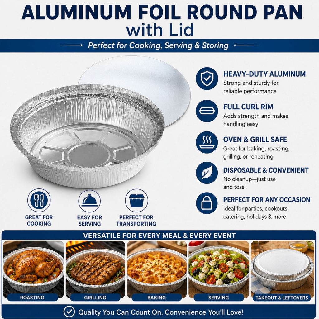 9” Round Aluminum Foil Pans with Board Lids Disposable