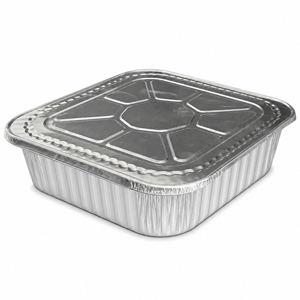 8" Square Deep Aluminum Disposable Pans with Lids Aluminum Pans with Lids VeZee Pack of 10