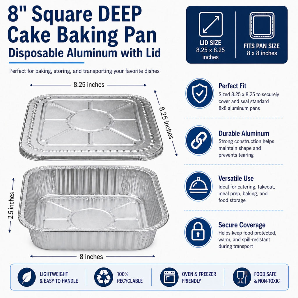 8" Square Deep Aluminum Disposable Pans with Lids