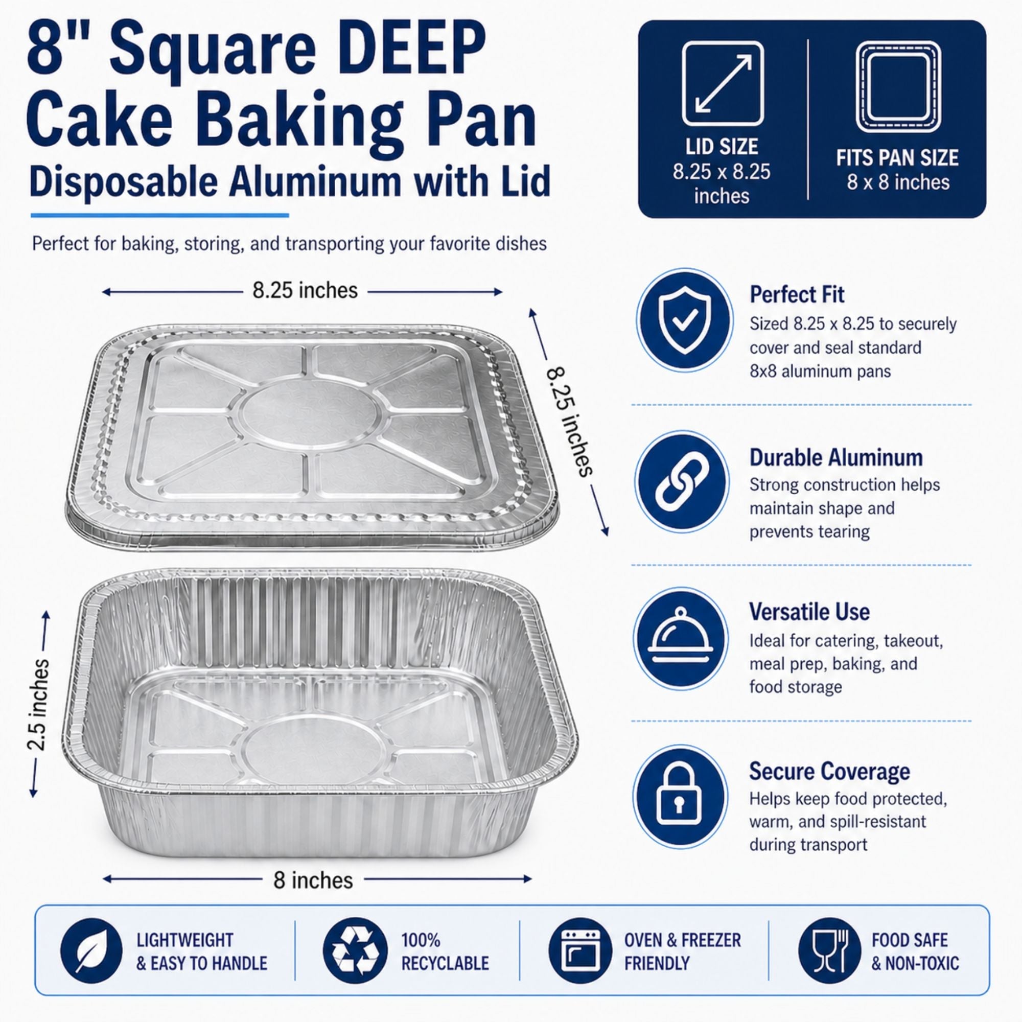 8" Square Deep Aluminum Disposable Pans with Lids