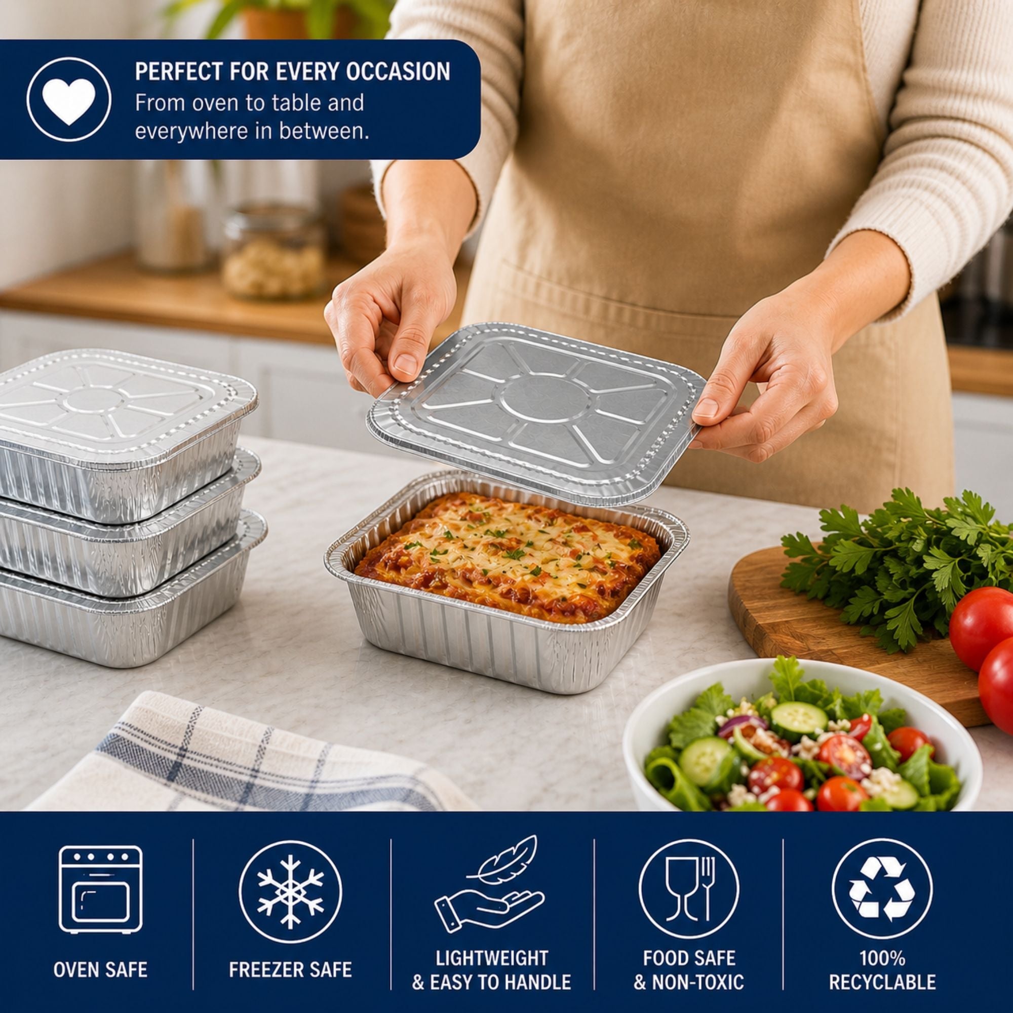 8" Square Deep Aluminum Disposable Pans with Lids