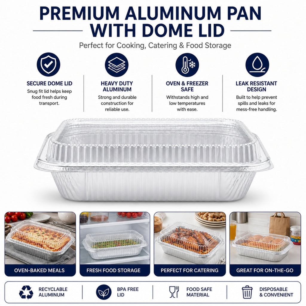 9×13 Deep Half Size Regular Weight Aluminum Pans with Dome Lids