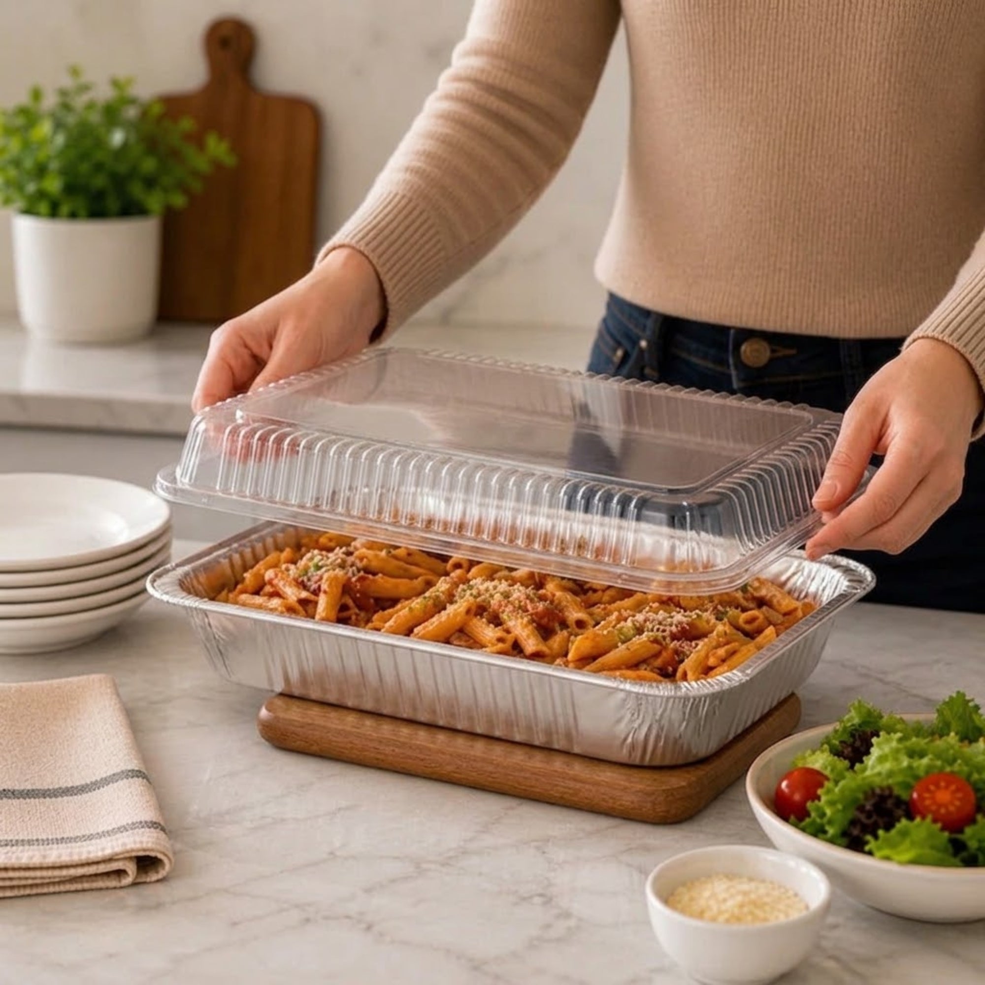 9×13 Deep Half Size Regular Weight Aluminum Pans with Dome Lids