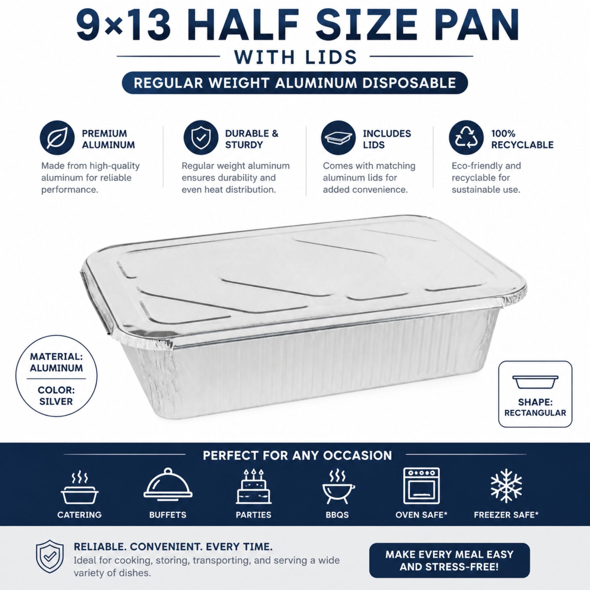 9×13 Half Size Pans with Lids Regular Weight Aluminum Disposable