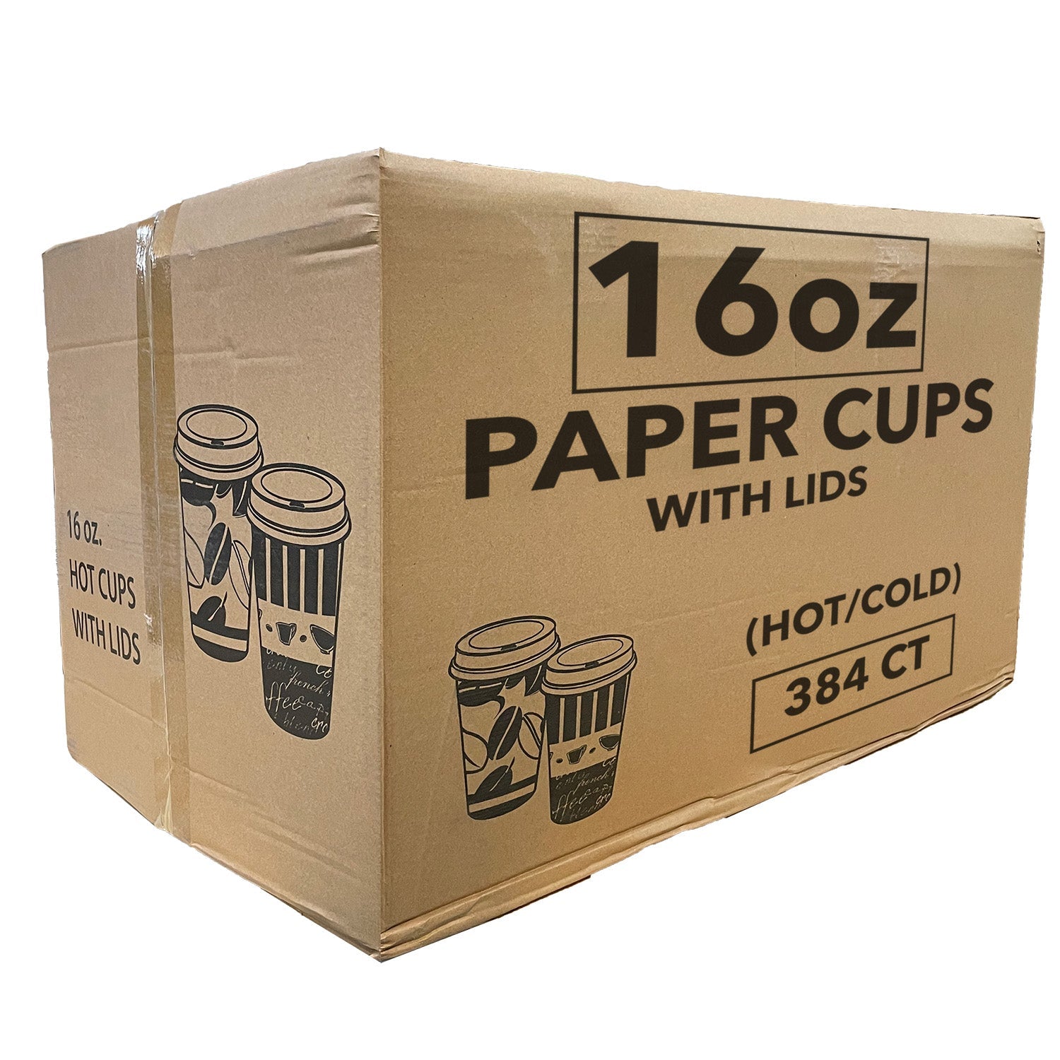 *WHOLESALE* 16oz Paper Cups Coffee Bean Pattern  Hot/Cold  w/Lid 384/Case