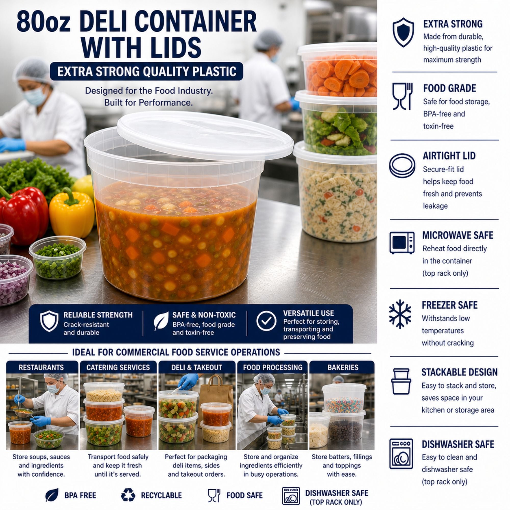80 oz Deli Containers with Lids Extra Strong Plastic Leak Resistant