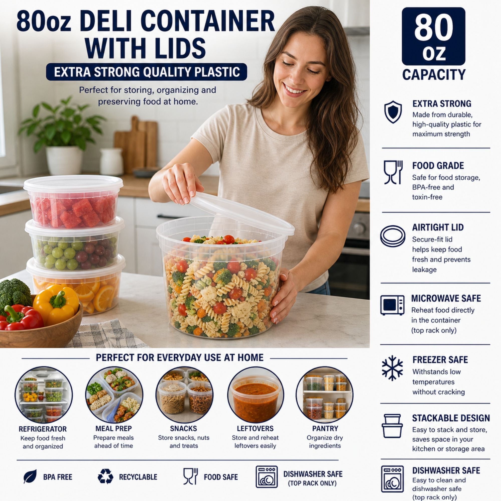 80 oz Deli Containers with Lids Extra Strong Plastic Leak Resistant