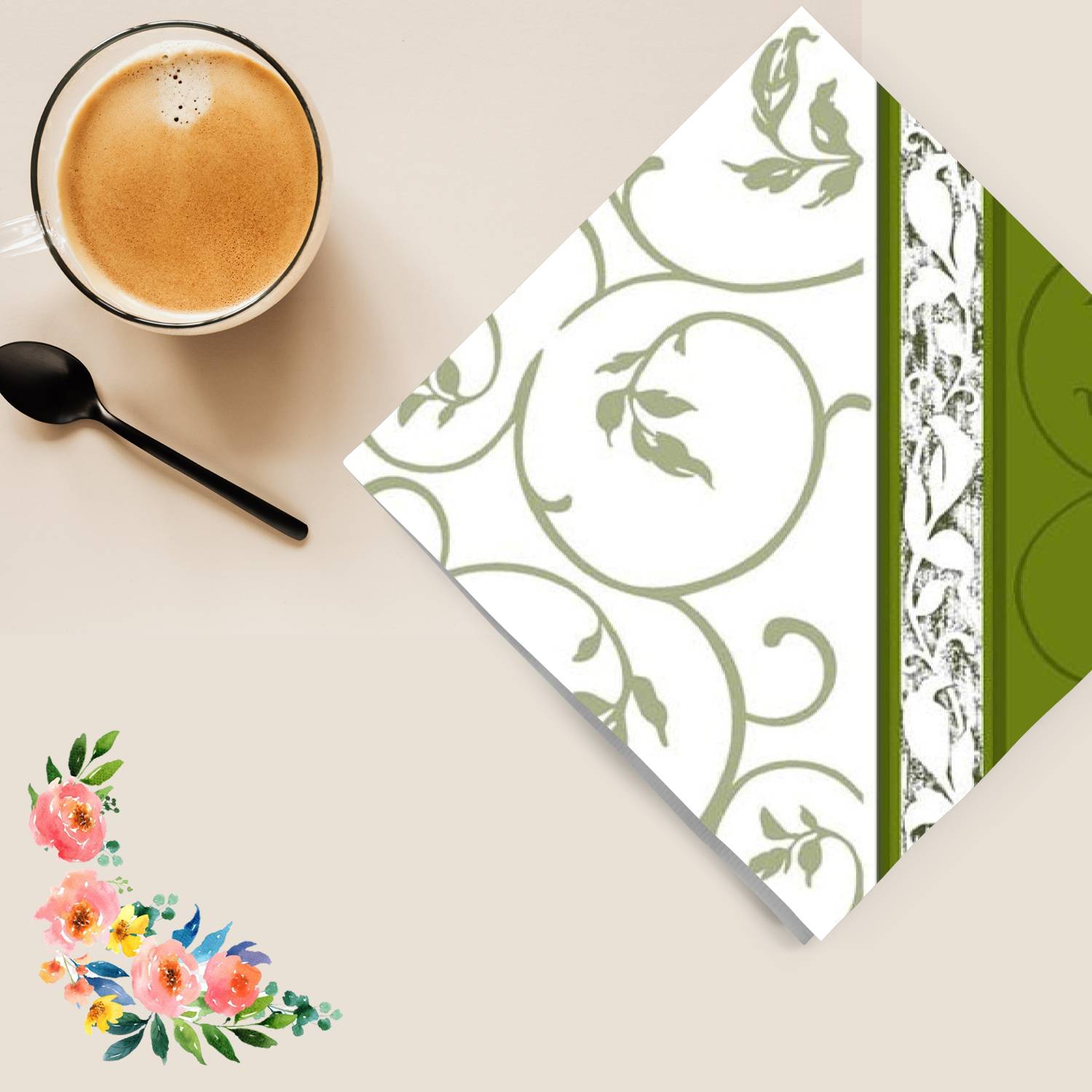 Olive Curlicue Lunch Paper Napkins 20 Pack