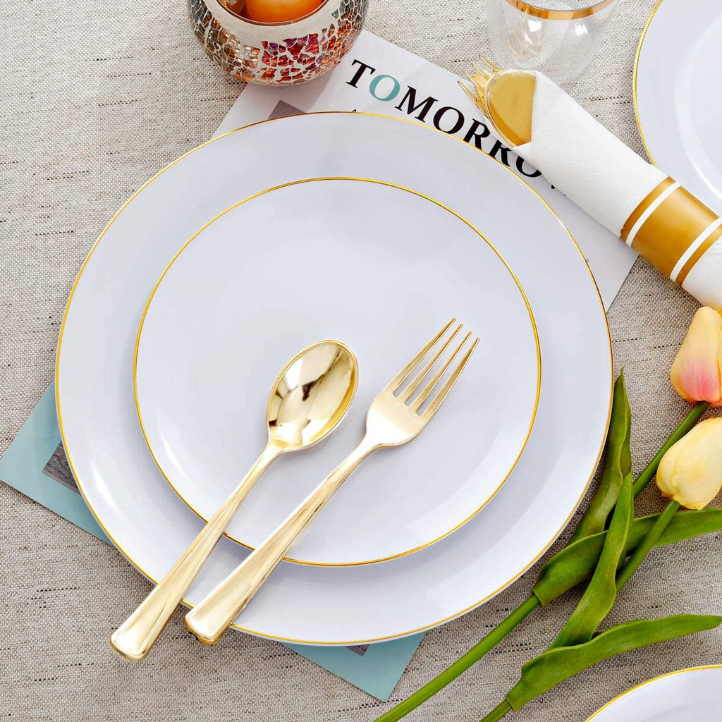 White With Gold Rim Plastic Dinnerware Set- Value Pack-Organic