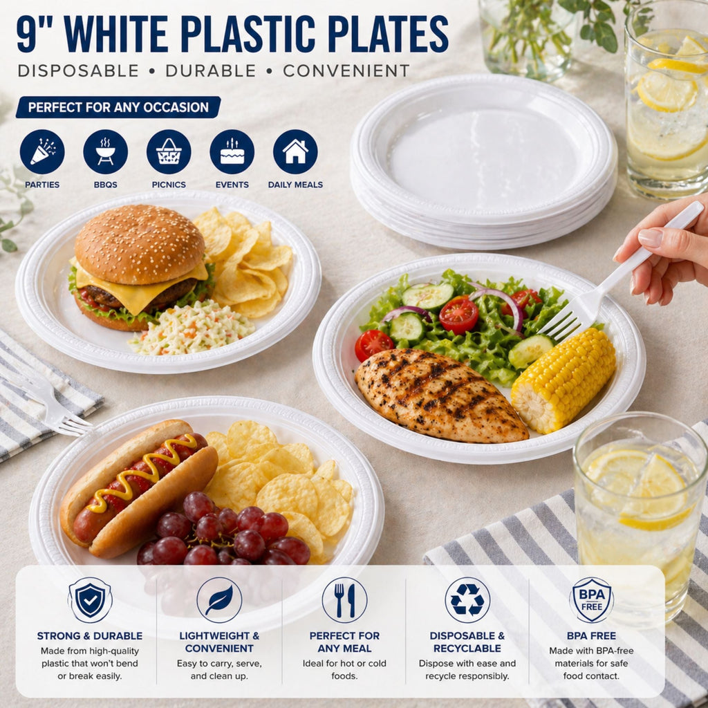 9" White Plastic Plates Disposable
