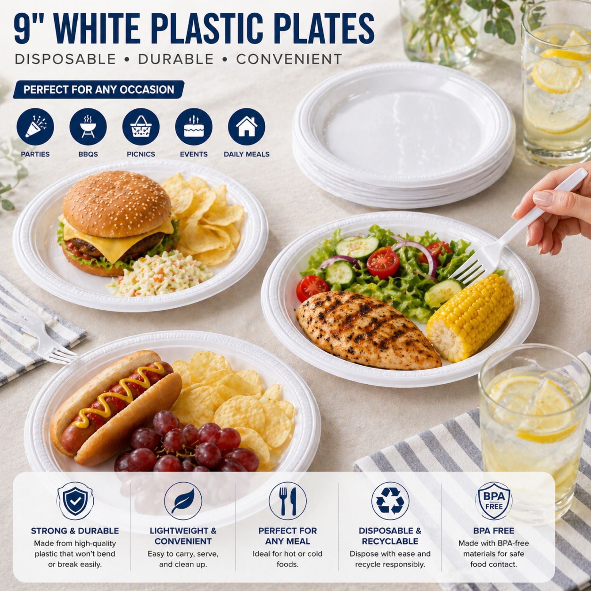 9" White Plastic Plates Disposable