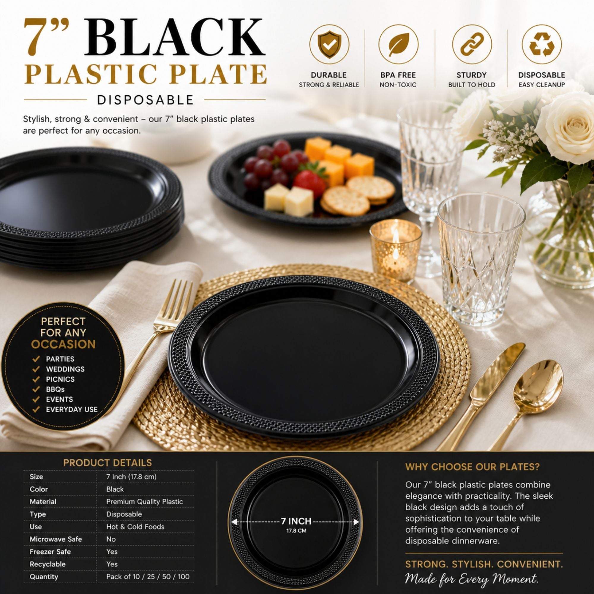 *BUY BULK* 7" Black Plates Disposable Plastic