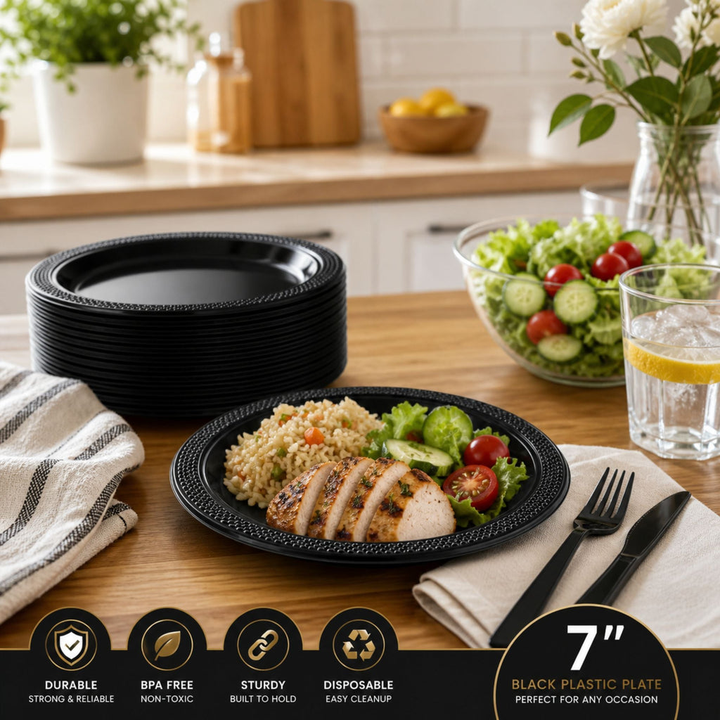 *BUY BULK* 7" Black Plates Disposable Plastic