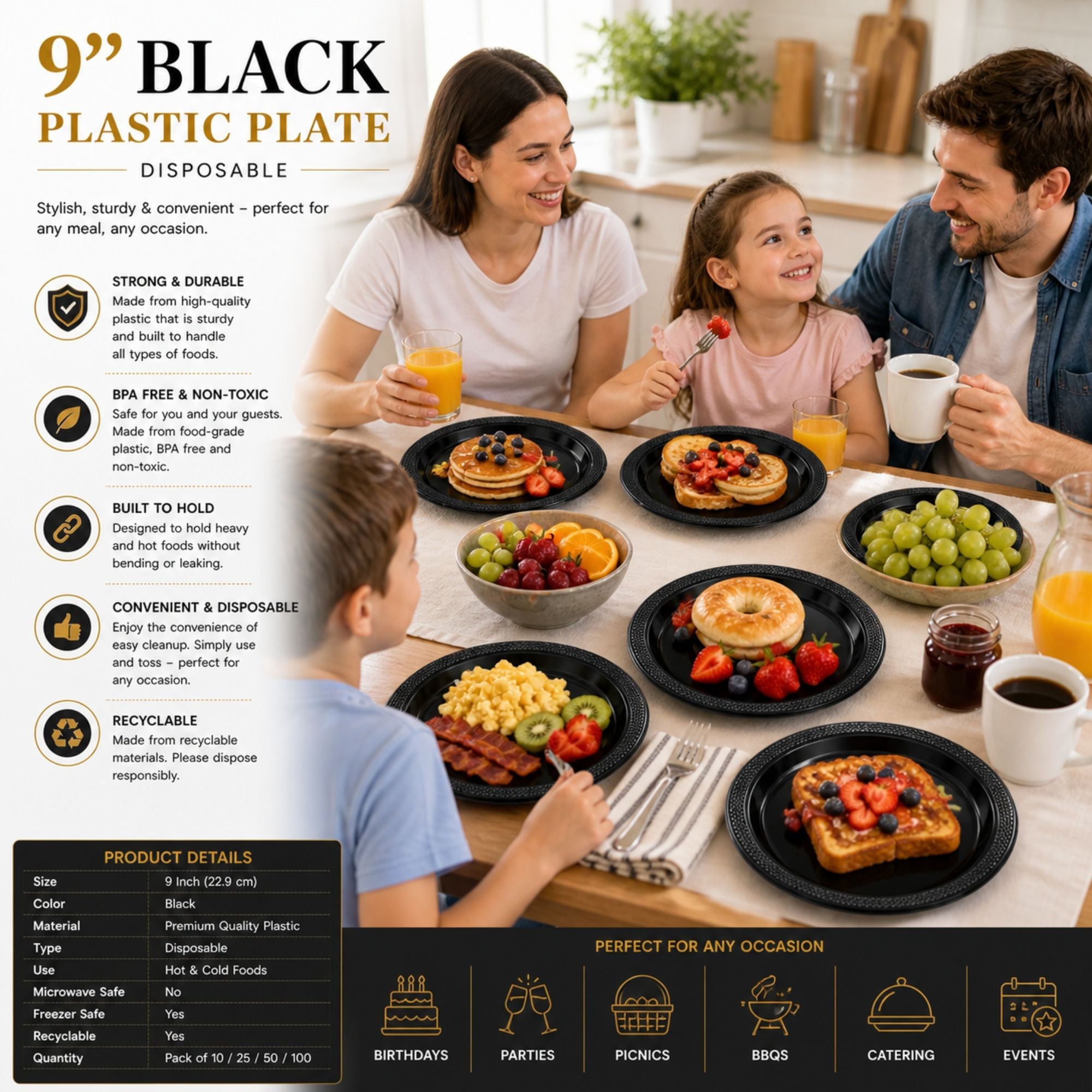 *BUY BULK* 9" Black Plastic Plate Disposable