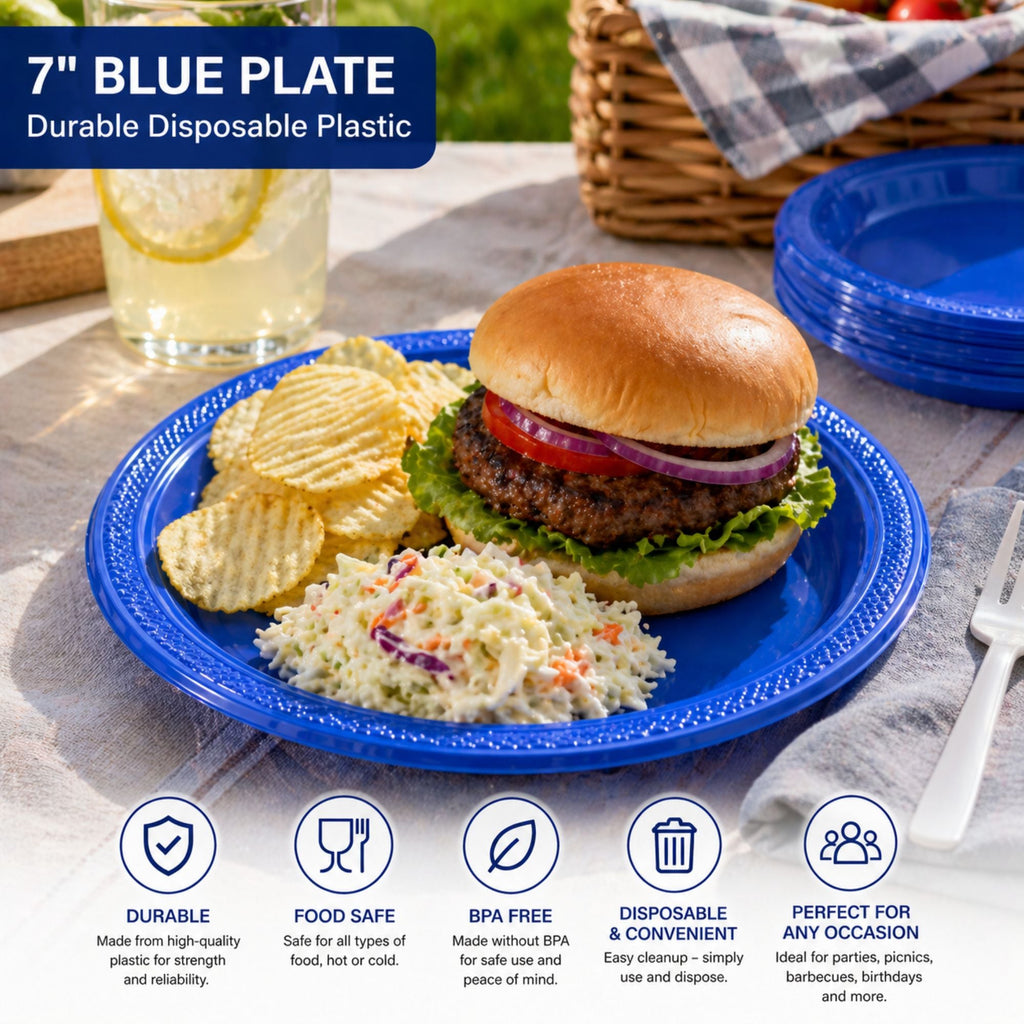 7" Blue Plate, Durable Disposable Plastic