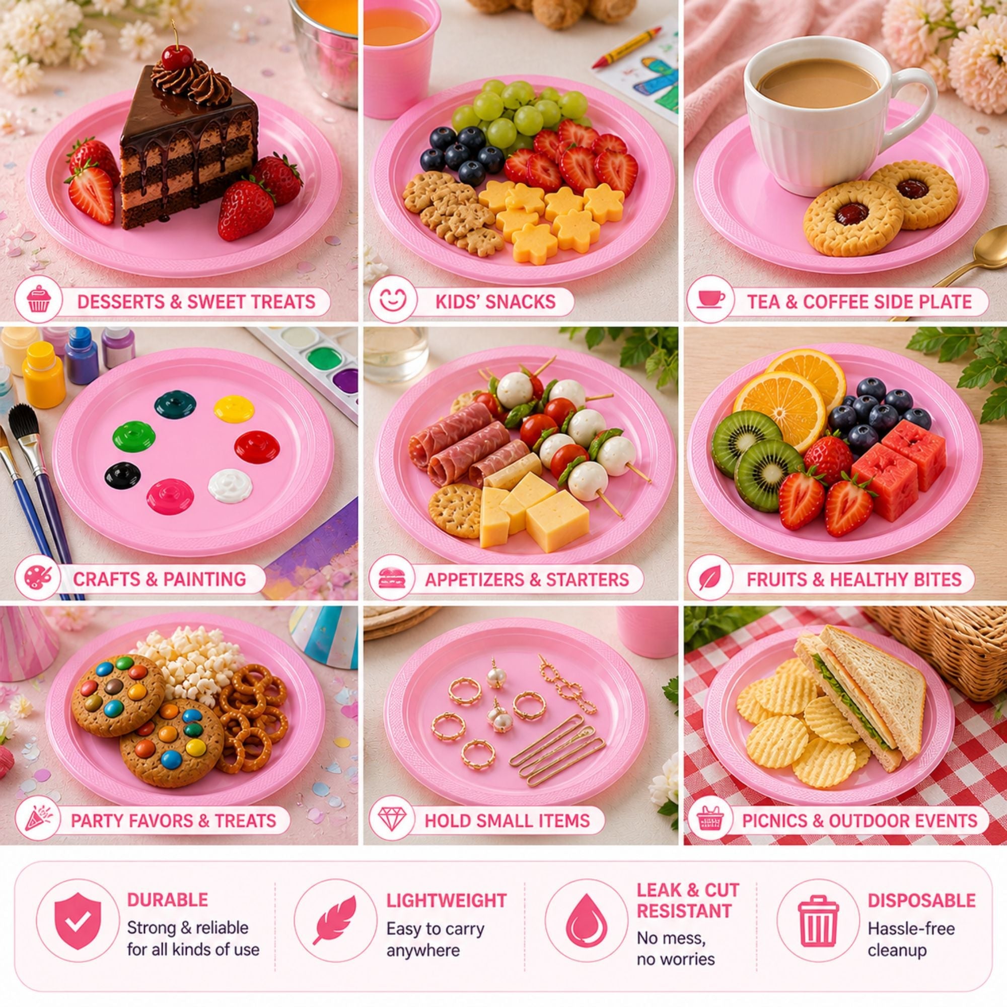 7" Pink Plastic Plate Disposable Durable