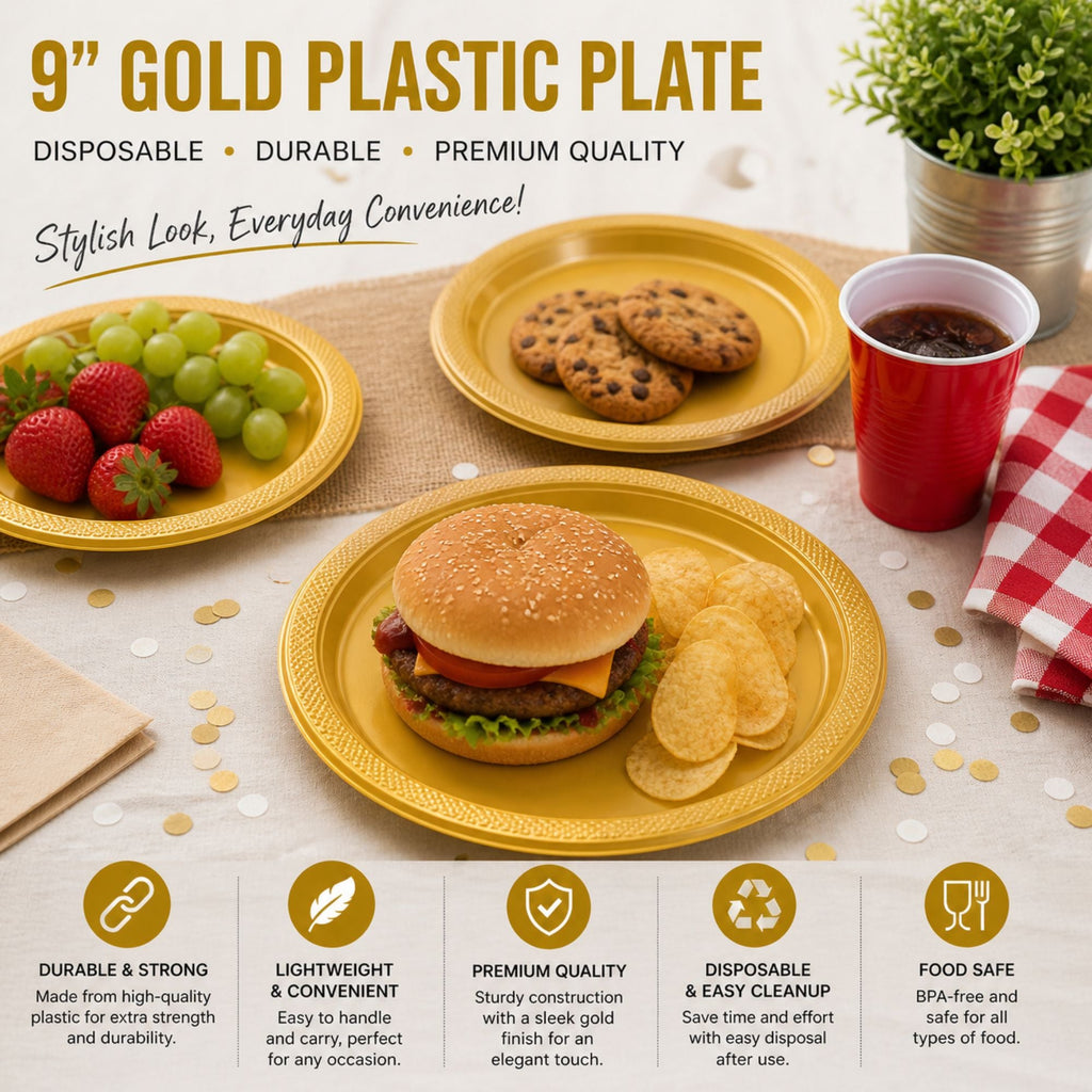 *BUY BULK* 9" Plastic Gold Plate Disposable