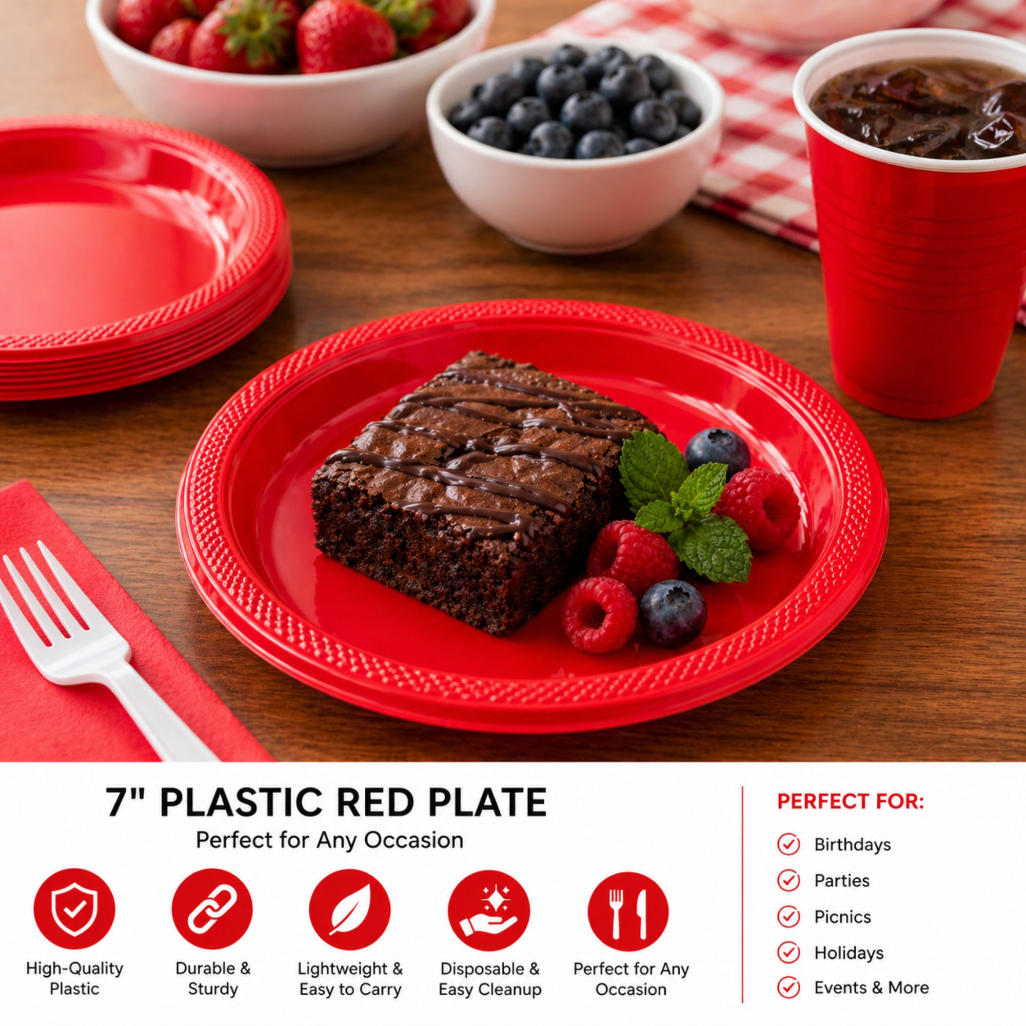 7" Plastic Red Plate  Disposable