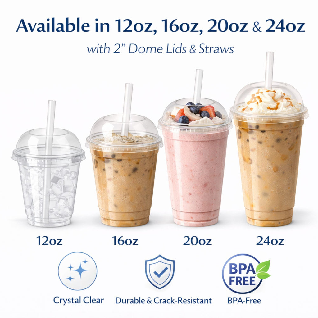 12oz Clear PET Cups with 2" Wide Hole Dome Lid & Straw Plastic Disposable