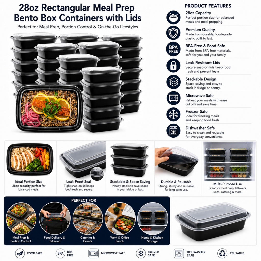 *BUY BULK* 28oz Rectangular Meal Prep Containers with Lids – BPA Free Plastic