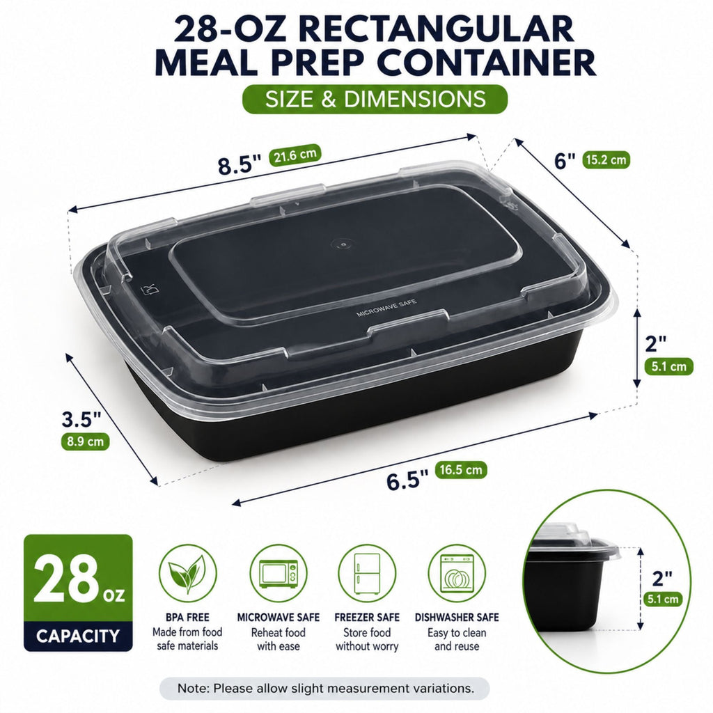 *WHOLESALE* 28oz Black Plastic Rectangular Containers with clear lids 150/Case