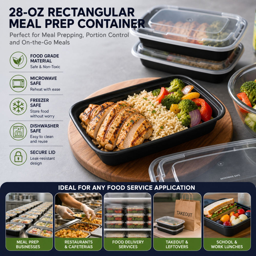 *WHOLESALE* 28oz Black Plastic Rectangular Containers with clear lids 150/Case
