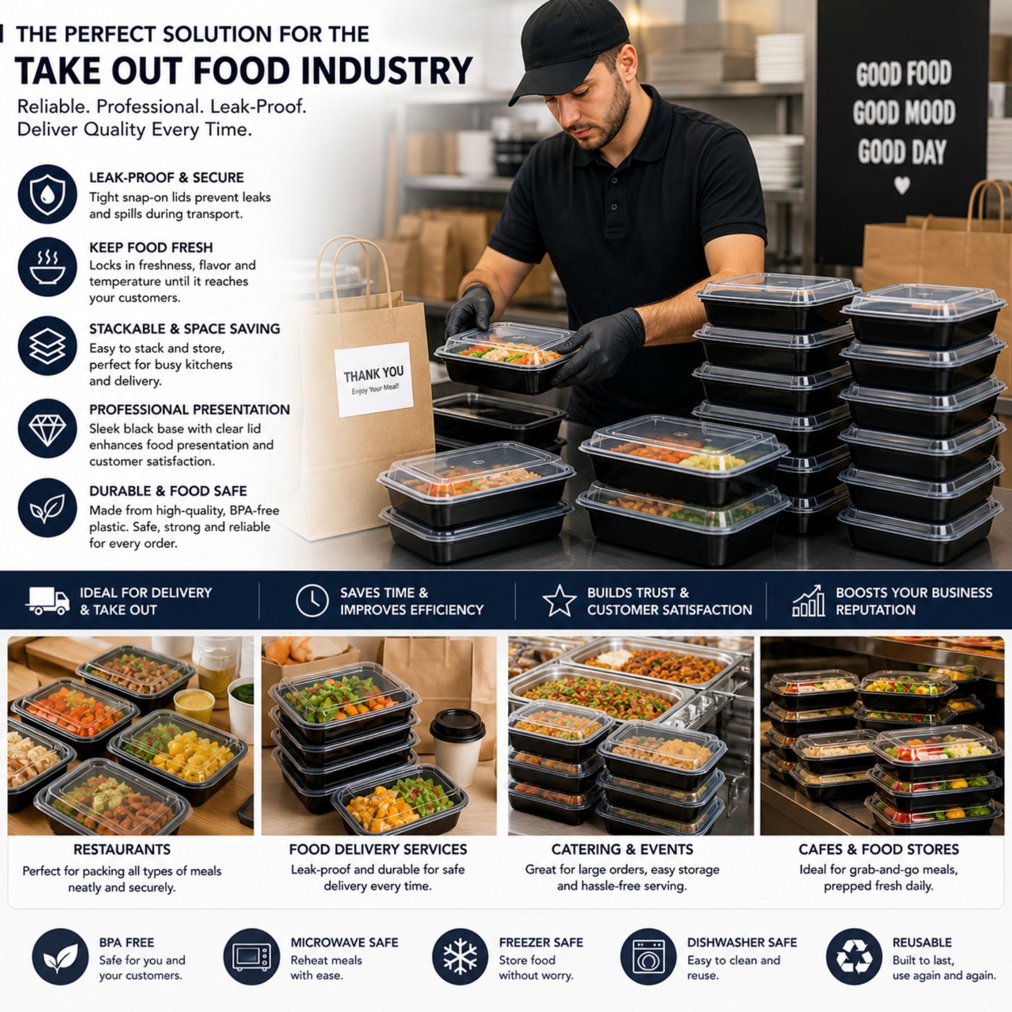 *BUY BULK* 28oz Rectangular Meal Prep Containers with Lids – BPA Free Plastic