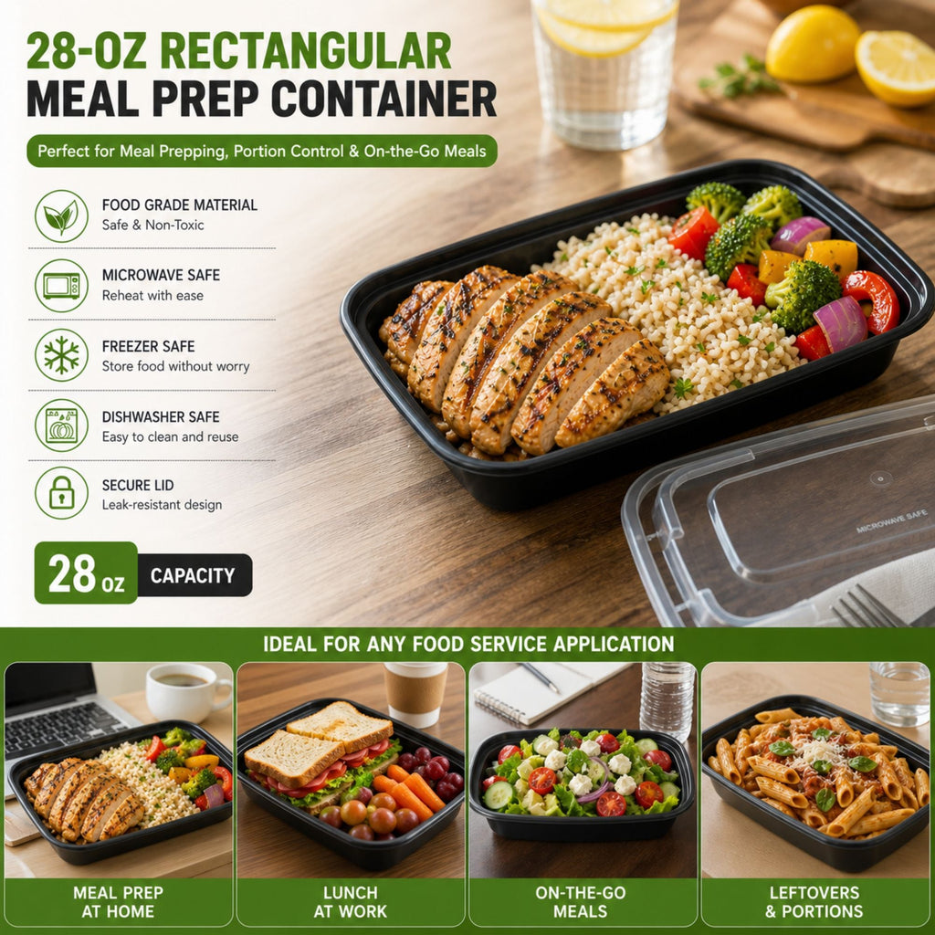 *BUY BULK* 28oz Rectangular Meal Prep Containers with Lids – BPA Free Plastic