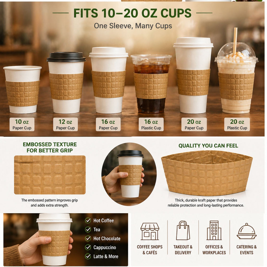 Coffee Cup Sleeve fits 10–20 oz Natural Kraft Embossed Heat-Resistant, Recyclable