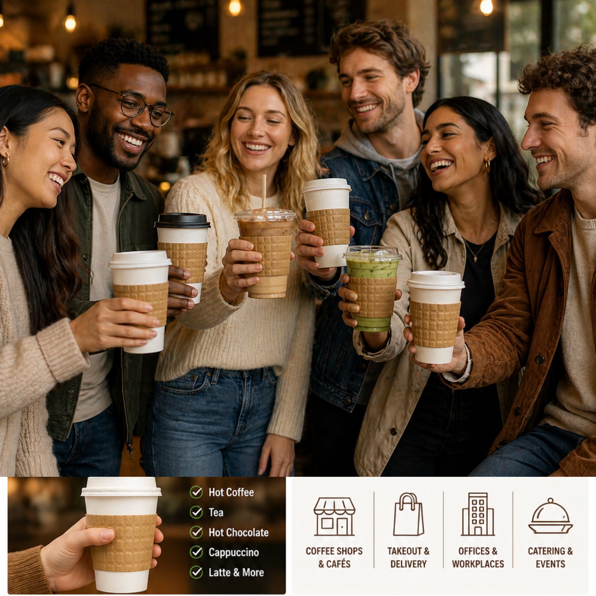 Coffee Cup Sleeve fits 10–20 oz Natural Kraft Embossed Heat-Resistant, Recyclable