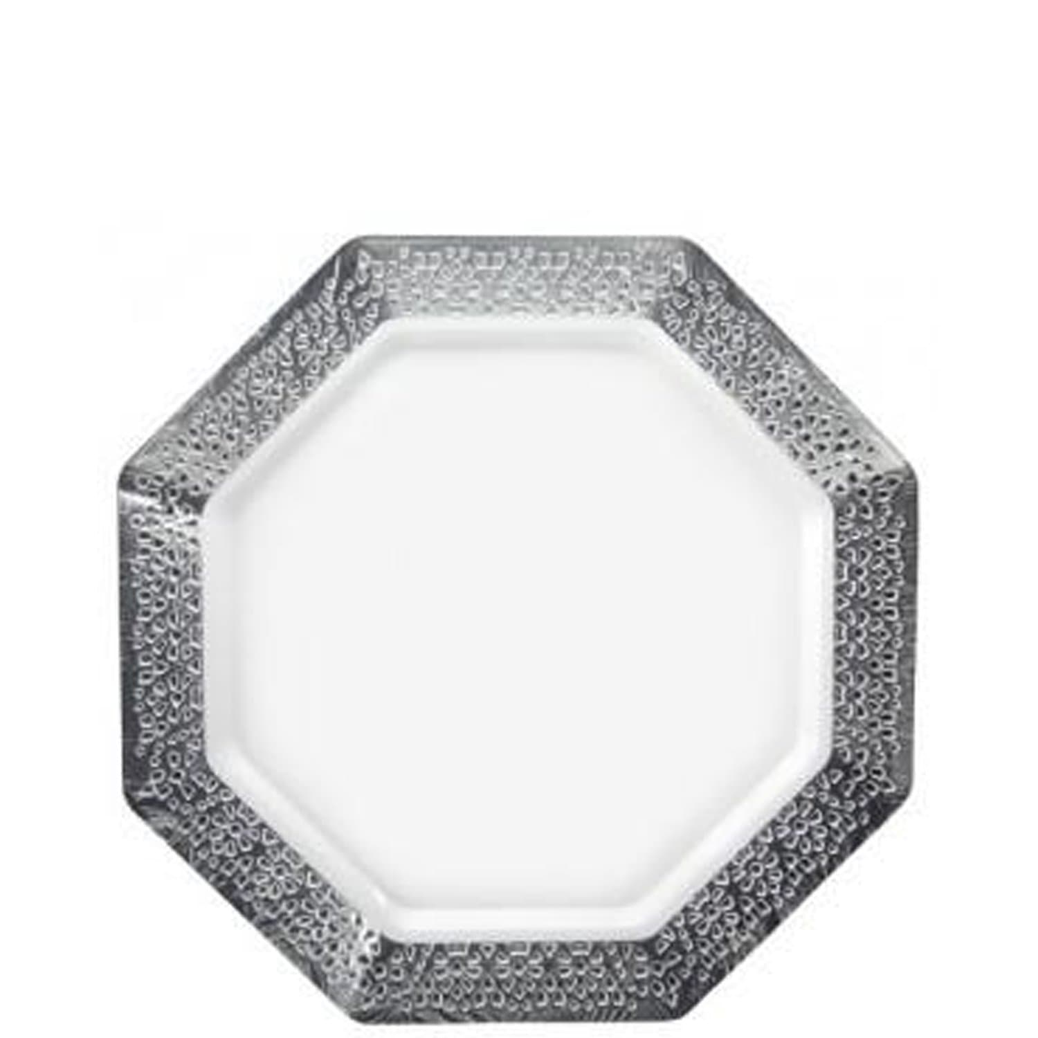 Lacetagon 7.25" White Appetizer/Dessert Plate Silver Rim Plastic