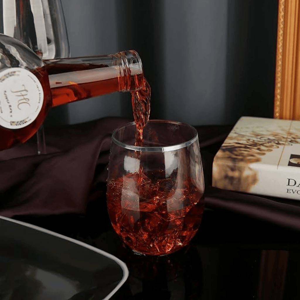 12oz Silver Rim Stemless Plastic Wine Glasses Goblet 6 Pack