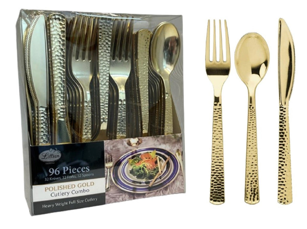 Lilian Cutlery Hammered Heavyweight Gold Plastic 96 Peice Combo Pack