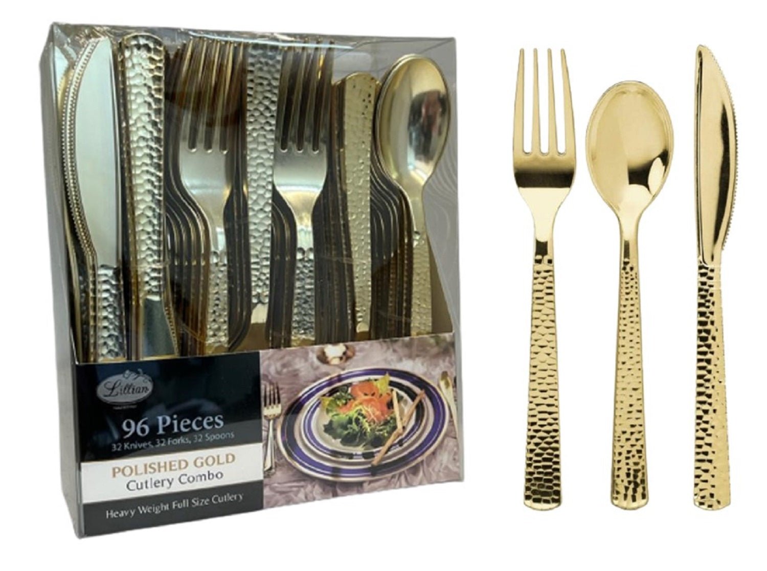 Lilian Cutlery Hammered Heavyweight Gold Plastic 96 Peice Combo Pack