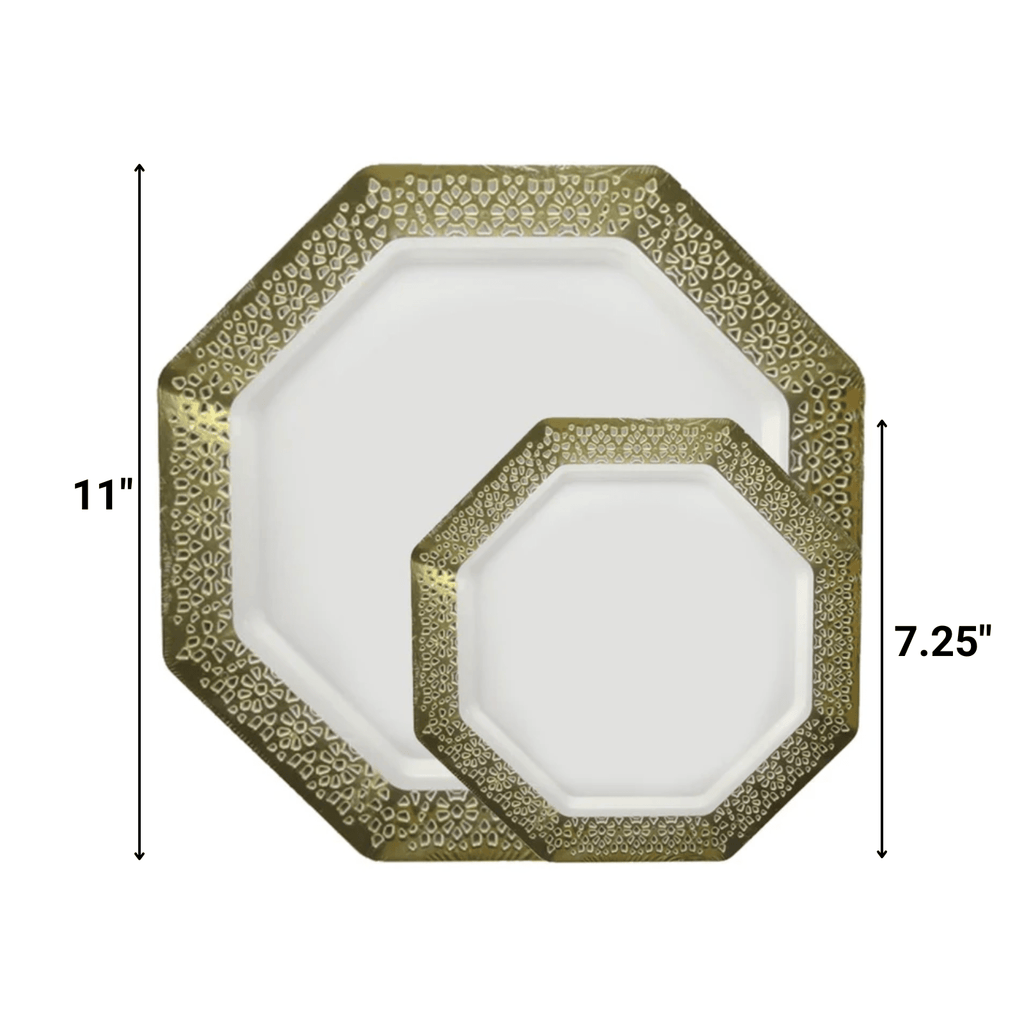 Heavyweight White Lace Gold Rim Plastic Dinnerware Set- Value Pack-Lacetagon