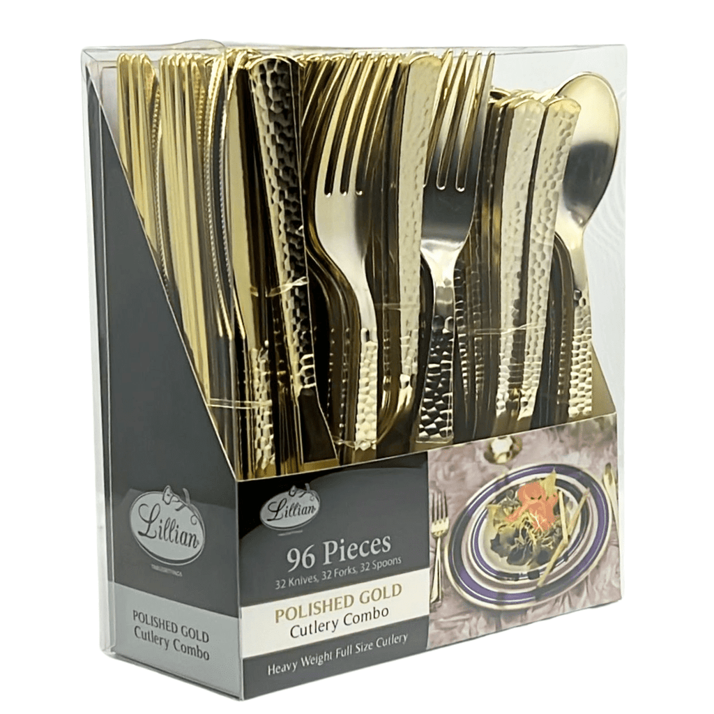 Lilian Cutlery Hammered Heavyweight Gold Plastic 96 Peice Combo Pack