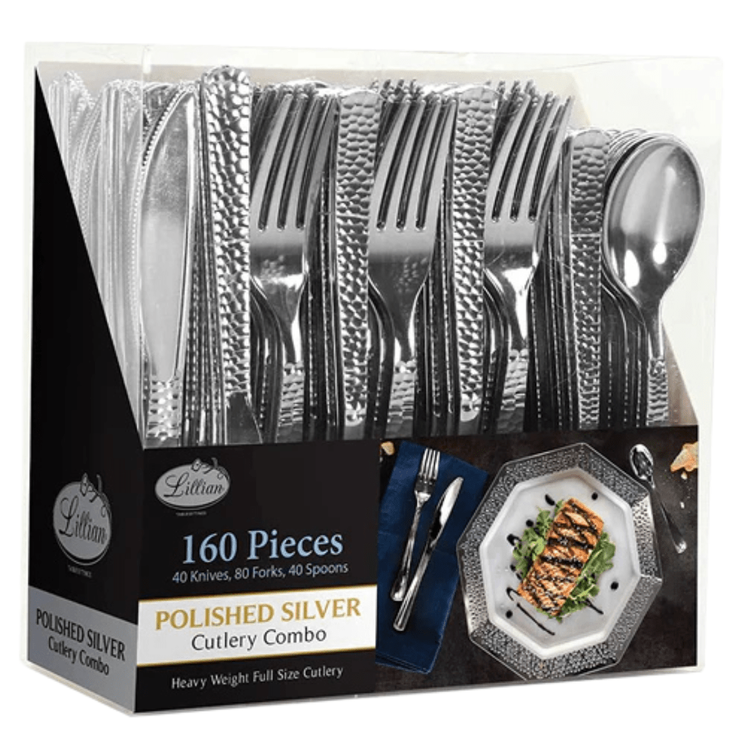 Lilian Cutlery Hammered Heavyweight Silver Plastic 160 piece Combo Pack