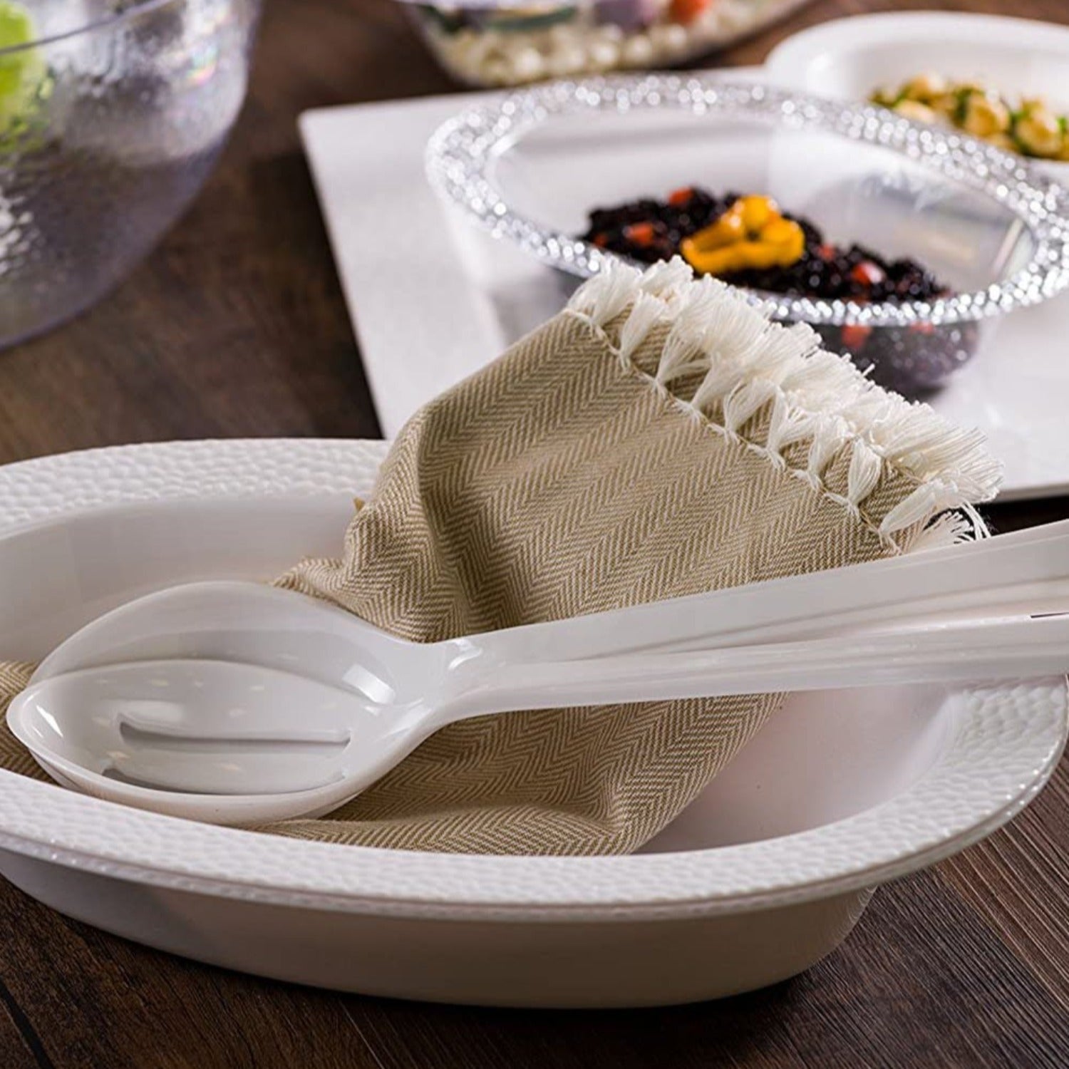 12" White Slotted Heavy Weight Serving Spoon Plastic