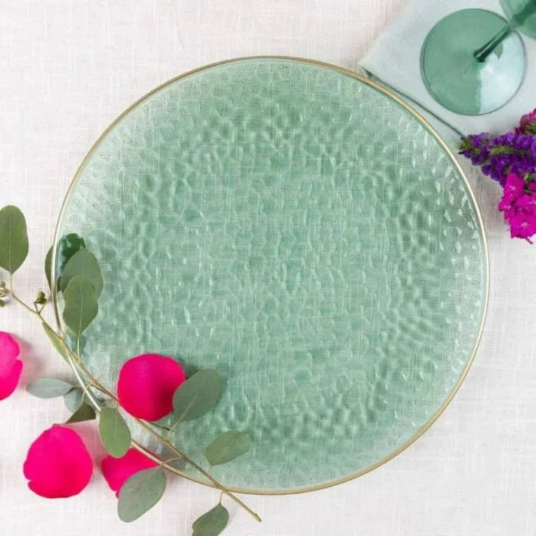 Organic Hammered 10" Green with Gold Rim Plastic Disposable Dinner Plate