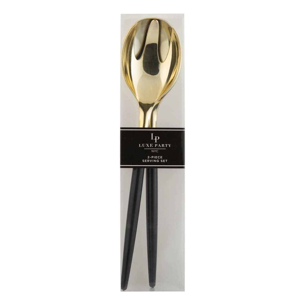Black/Gold Disposable Plastic Serving Forks/Spoons 2 piece Set