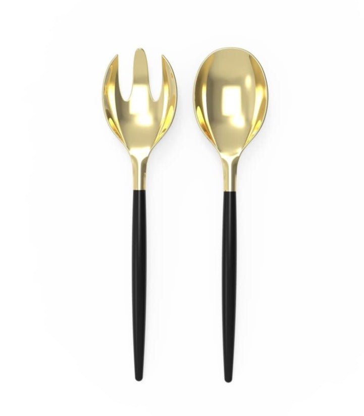 Black/Gold Disposable Plastic Serving Forks/Spoons 2 piece Set