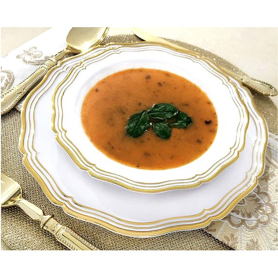 Aristocrat 7.5" White & Gold Plastic Soup Bowls 10 Pack