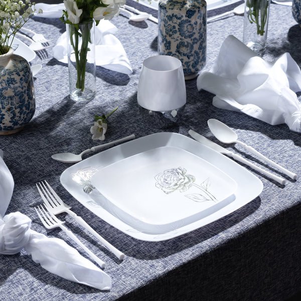 Peony 7.25" White & Silver Square Disposable Plastic Dessert Plate 32Pc Set