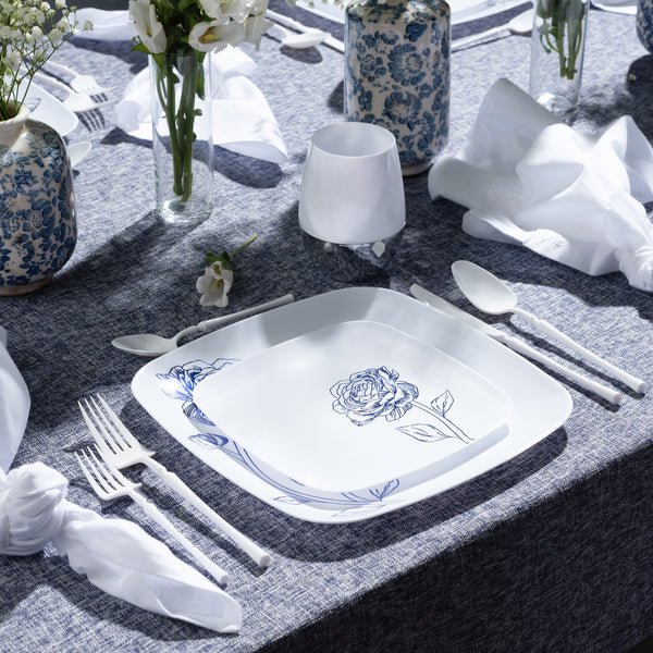 10.25"&7.25" White and Blue Square Disposable Plastic Plates COMBO Set-Peony 32Pc Set