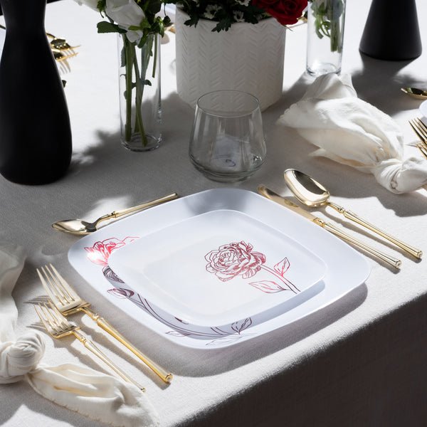 10.5"&7.25" White and Burgundy Square Disposable Plastic Plates COMBO Set-Peony 32Pc Set