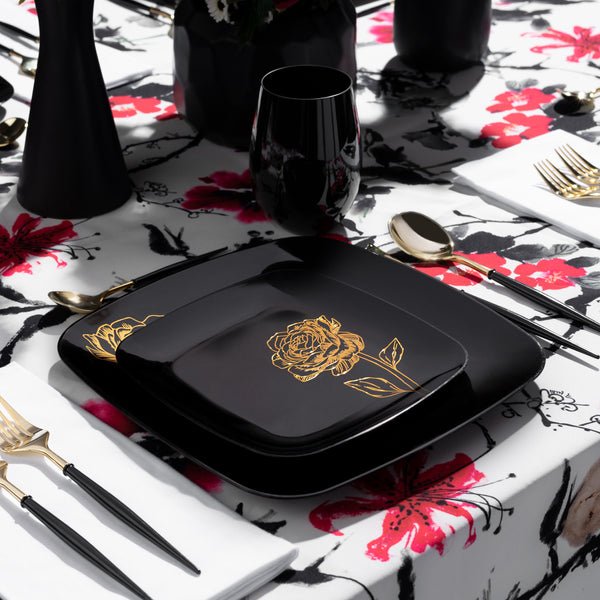 10.25"&7.25" Black and Gold Square Disposable Plastic Plates COMBO Set-Peony 32Pc Set