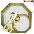 White Lace Gold Rim Plastic Heavyweight Set- Value Pack-Lacetagon Disposable Tableware Lillian Tablesettings 20 Guest Servings
