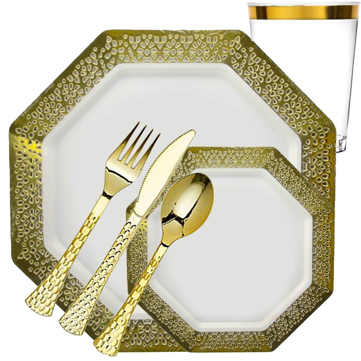 White Lace Gold Rim Plastic Heavyweight Set- Value Pack-Lacetagon Disposable Tableware Lillian Tablesettings 20 Guest Servings