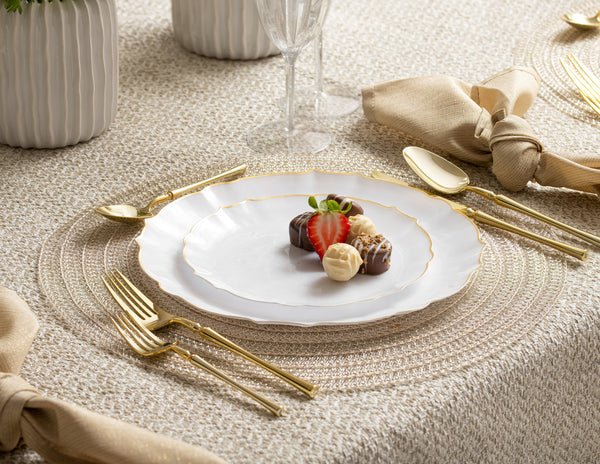 10.25"&7.5" White and Gold Round Disposable Plastic Plates COMBO Set-Luxe 32pc