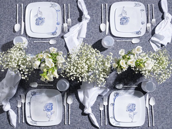 10.25"&7.25" White and Blue Square Disposable Plastic Plates COMBO Set-Peony 32Pc Set